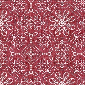 White Kaleidoscope Embroidery on Red Linen Look