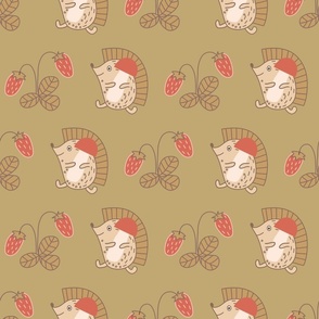 Seamless pattern with hedgehogs, mushrooms and strawberries on khaki background.