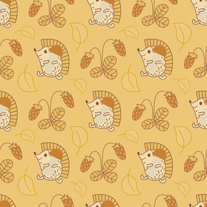 Seamless pattern with hedgehogs, mushrooms and strawberries on yellow background.