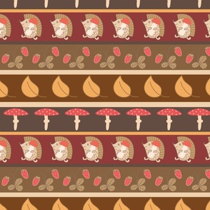 Striped seamless pattern with hedgehogs, mushrooms and strawberries
