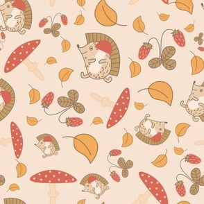 Pattern with hedgehogs, mushrooms and  strawberries on light beige background
