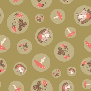 Hedgehogs, mushrooms and strawberries circles pattern