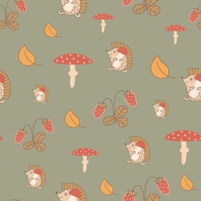 Seamless pattern with hedgehogs, mushrooms and  strawberries on khaki background