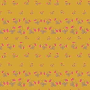 Strawberries pattern on mustard yellow background.