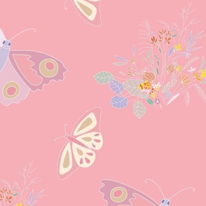 Butterfly and flowers pattern on pink background