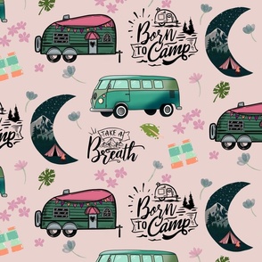 Born to camp - Retro campers on Pink (large)
