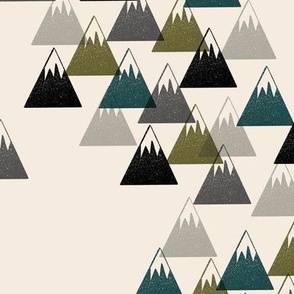 Wood Block folk Art Grey, Teal and Olive Green snowy mountain range on Cream - MEDIUM