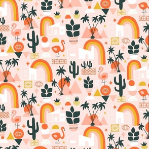 Palm Springs Sunset V1: Mod Art, Mid Century, Western Boho Cactus Abstract Orange, Pink and Green - Small