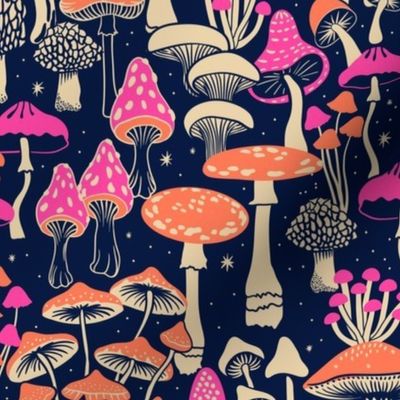 Bright Spring Mushrooms on midnight blue - large