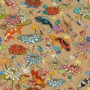 water lilies and a few koi - large print, kraft paper background