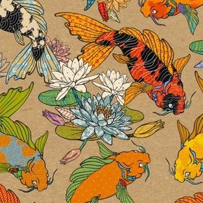 Spectacular Koi Among Water Lilies on a kraft paper background, larger scale
