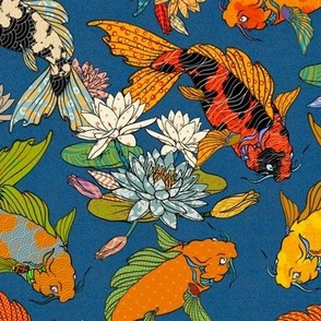 Spectacular Koi Among Water Lilies on a blue background, larger scale
