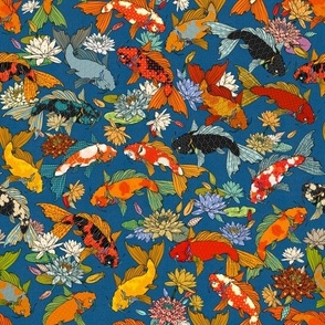 Spectacular Koi Among Water Lilies on a blue background
