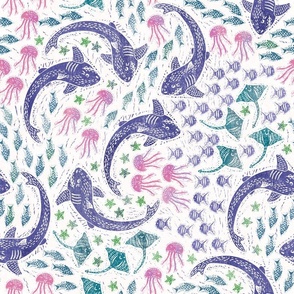 Swimming with sharks adventure 'block printed' -very pery, pink and green on off white - large scale