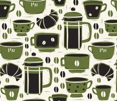 French Café - Block Print Coffee Ivory Green Large Scale