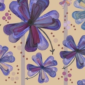 Painterly Periwinkle Flowers on Yellow with Stripes and Dot Clusters