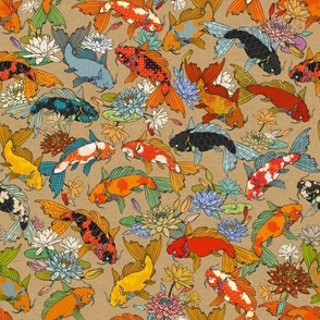 Spectacular Koi Among Water Lilies on a kraft paper background