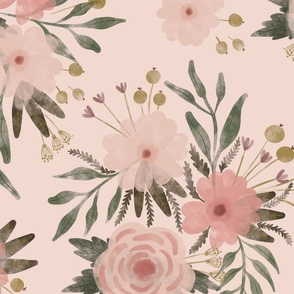 Jumbo Watercolor Flowers Pink on Blush