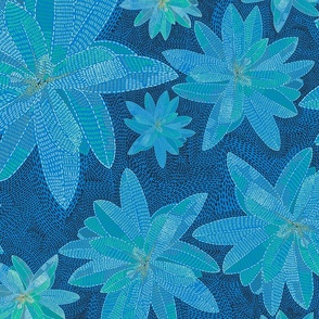 Ditsy dashes in floral embroidery turquoise blues 