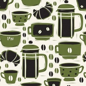 French Café - Block Print Coffee Ivory Green Regular Scale