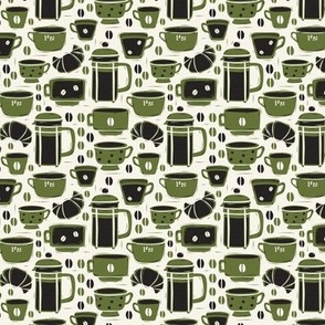 French Café - Block Print Coffee Ivory Green Small Scale