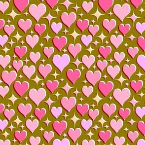 Midcentury Modern Hearts Stars olive pink