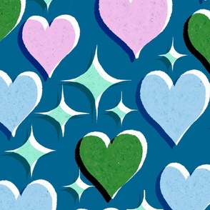 Midcentury Modern Hearts Stars navy green