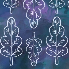 Texture Leaves on watercolour background of teals, periwinkle and lavender. Medium scale for apparel and home decor