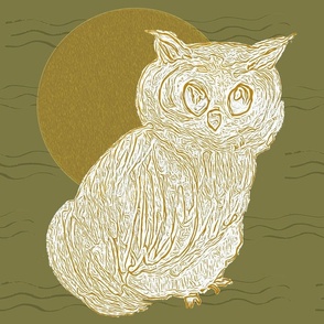 Owl and Moon - Olive Green - Block Print Style