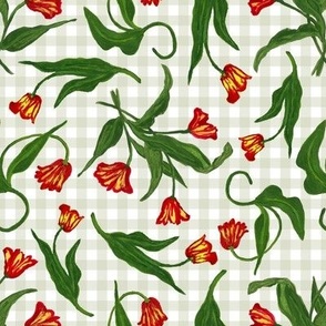 Red and Yellow Tulips Allover Pattern on Pastel Green Gingham