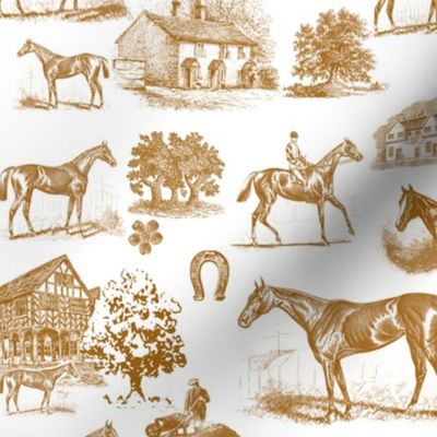 Golden Brown and White Equestrian Toile de Jouy Horse Print