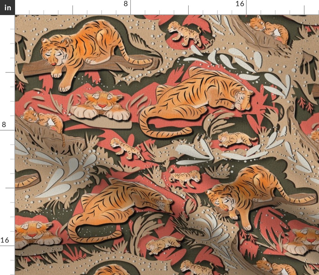 tigers final paper cut peach CORAL  and Olive green _medium scale