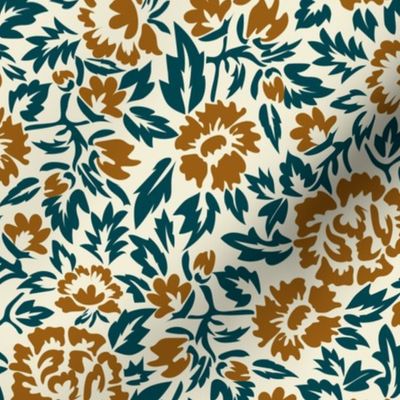 Royal-Tea Florals- Ivory Golden Brown Midnight Teal- Regular Scale