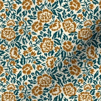 Royal-Tea Florals- Ivory Golden Brown Midnight Teal- Small Scale