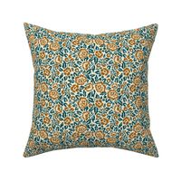 Royal-Tea Florals- Ivory Golden Brown Midnight Teal- Small Scale