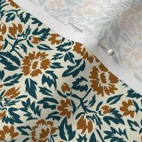 Royal-Tea Florals- Ivory Golden Brown Midnight Teal- Small Scale