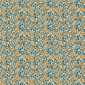 Royal-Tea Florals- Ivory Golden Brown Midnight Teal- Small Scale