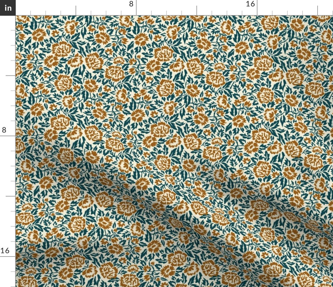 Royal-Tea Florals- Ivory Golden Brown Midnight Teal- Small Scale