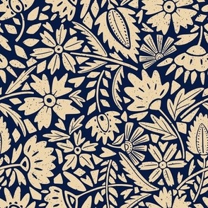 Block Print Textured Scandinavian Florals deep blue and beige