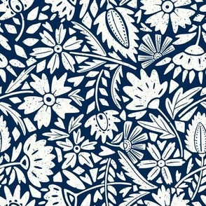 Block Print Textured Scandinavian Florals deep blue and white