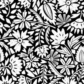 Block Print Textured Scandinavian Florals Black and white