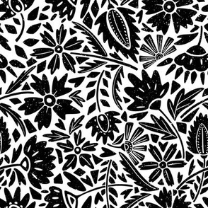 Block Print Textured Scandinavian Florals Black on white