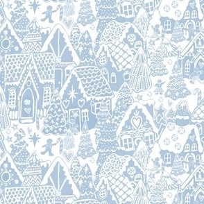 Holiday Traditions Candy House Toile in sky and white// Gingerbread Christmas Village in joy blue