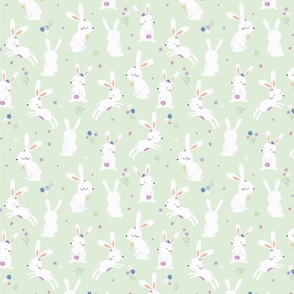 Cute Bunny Rabbits in Different Poses - Spring Pattern With Flowers