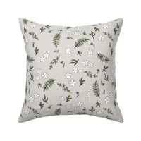 Moody nature spring leaves flower blossom and botanical garden scandinavian style petal illustration nursery design black white green olive on soft gray