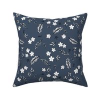 Moody nature spring leaves flower blossom and botanical garden scandinavian style petal illustration nursery design black white on navy blue night