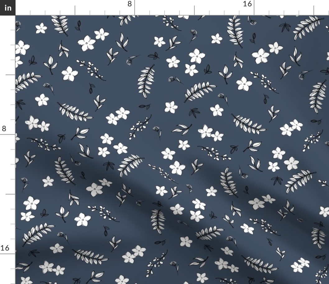 Moody nature spring leaves flower blossom and botanical garden scandinavian style petal illustration nursery design black white on navy blue night