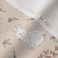 Romantic boho bunny garden rabbits and leaves vintage style freehand illustration easter design off white peach rust