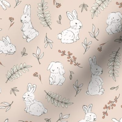 Romantic boho bunny garden rabbits and leaves vintage style freehand illustration easter design off white peach rust