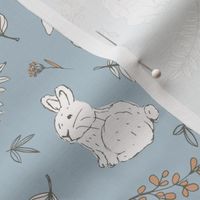Romantic boho bunny garden rabbits and leaves vintage style freehand illustration easter design white rust on moody blue
